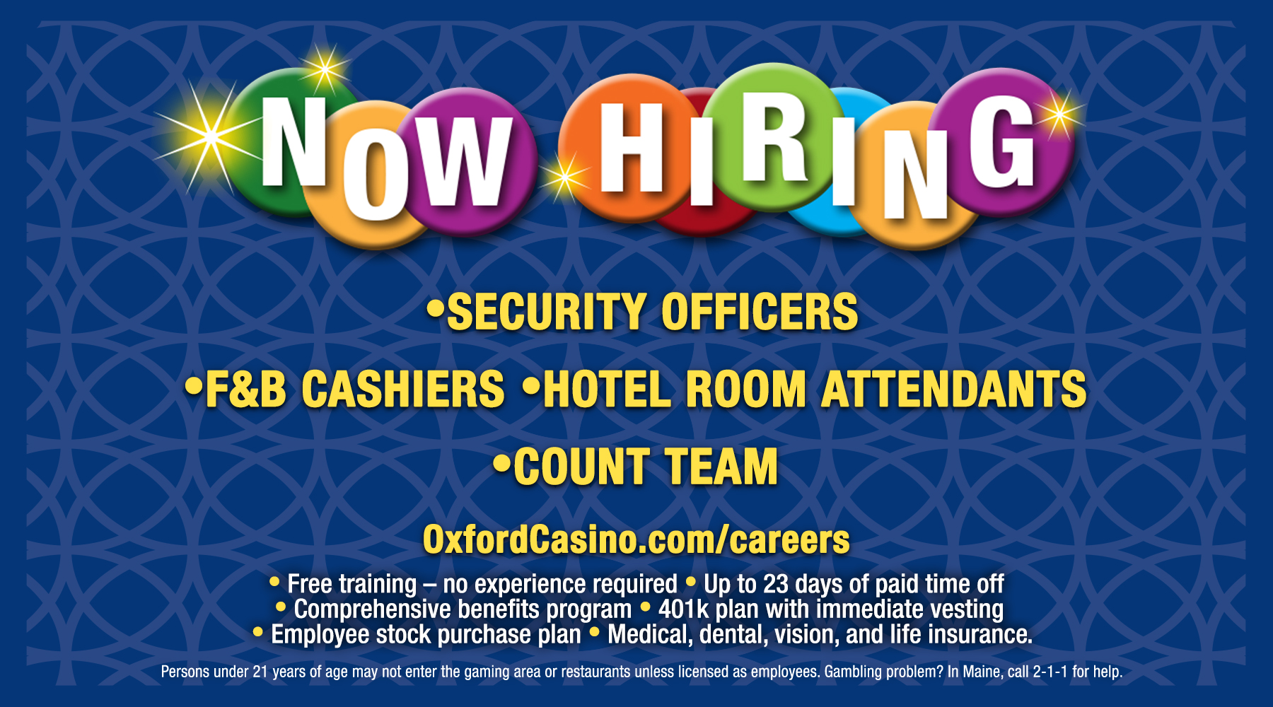 NOW HIRING at Oxford Casino