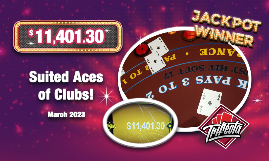 Suited Aces of Clubs wins table games blackjack PROGRESSIVE JACKPOT $11,401.30