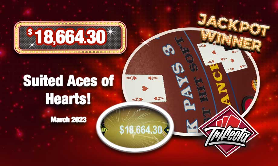 Suited Aces of Hearts wins blackjack PROGRESSIVE JACKPOT $18,664.30