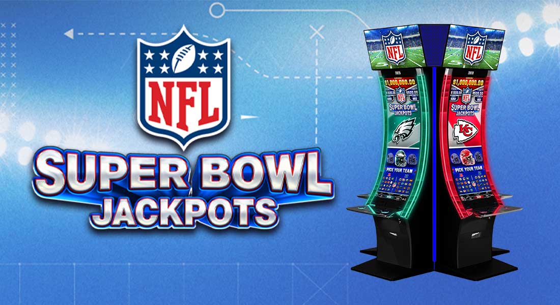 NFL Super Bowl Jackpots slot machine by Aristocrat Gaming on a blue football field background image