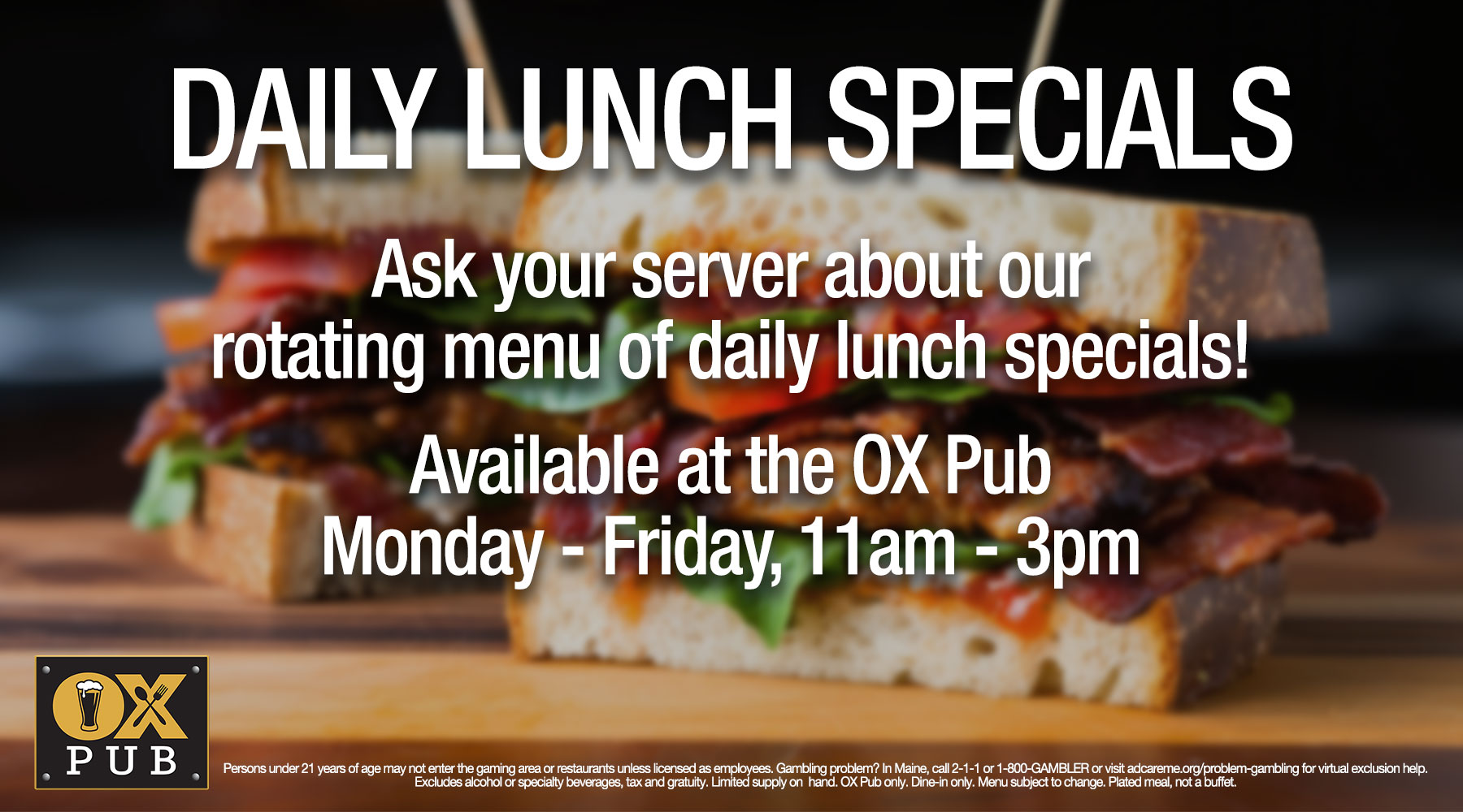 Lunch specials available at OX Pub, Monday-Friday